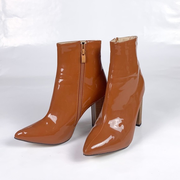SHEIN Brown Patent Leather Chunky Heeled Ankle Boots (Size: US-8 EU-41) - Picture 4 of 7